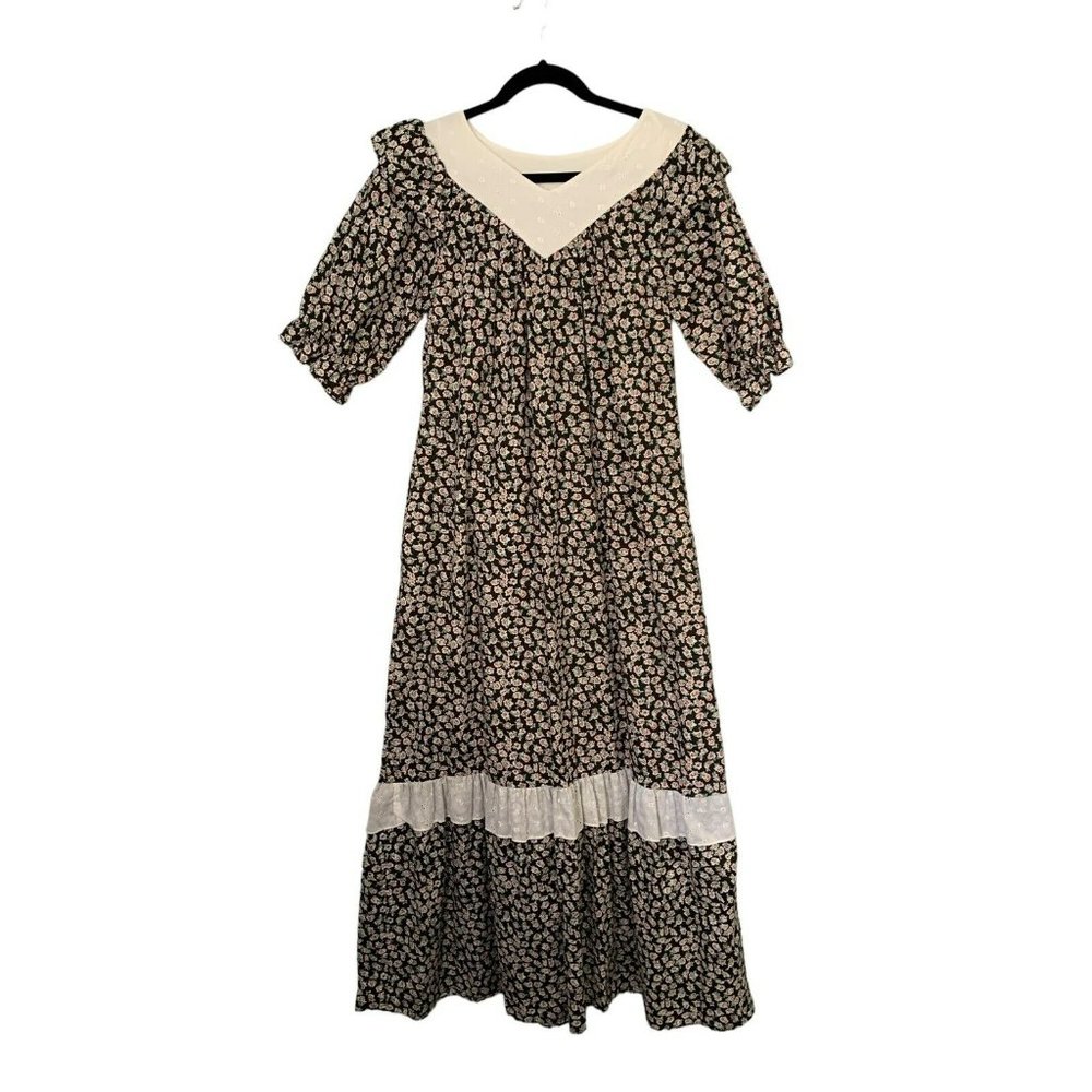 Made in Hawaii 70s Dress Size S‎ Black Floral Gunnie Sax Prairie Style Pockets